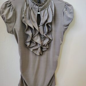 Heartsoul Women's Taupe Ruffle Mock Neck Short Sleeve Blouse S